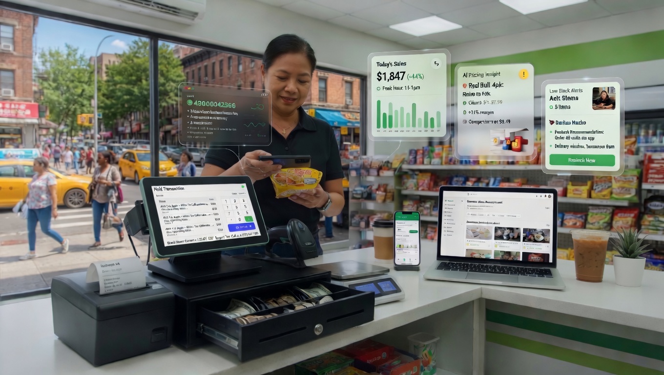 Bodega Ai workflow connecting inventory, checkout, pricing, reporting, and store management