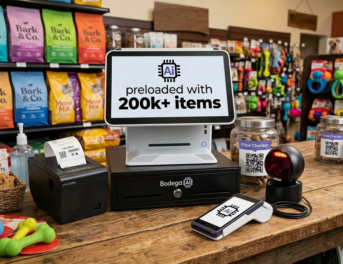 Pet supply shop counter with retail inventory and Bodega Ai POS