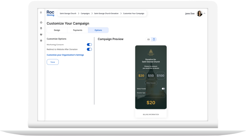 Roc Giving campaign customization screen